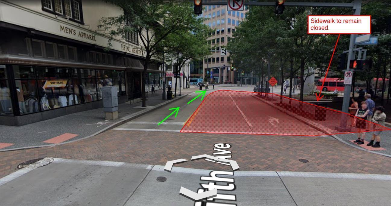 An image of Fifth Avenue between Market Street and Liberty Avenue depicting the lane restrictions beginning on Tuesday, May 28