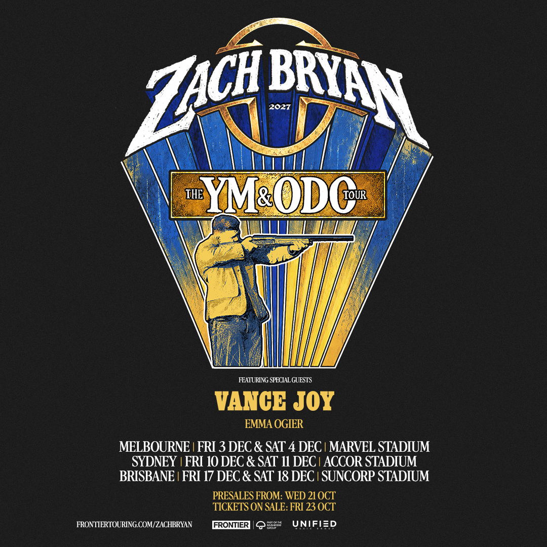 Zach Bryan Australian Tour, 3 to 18 December 2027, with Vance Joy and Emma Ogier