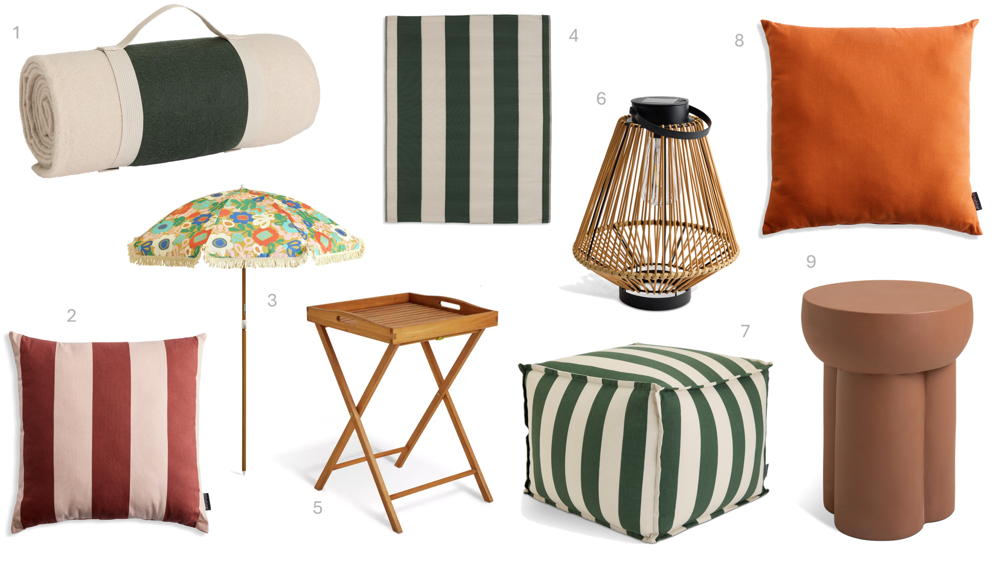 1. Habitat Luxe Striped Picnic Rug, £14, 2.Habitat Stripe Outdoor Cushion - Pink, £8, 3.Habitat x Scion 1.6m Garden Parasol - Kukkia Print, £30, 4.Habitat Stripe Outdoor Rug - 120x180cm, £15, 5.Habitat Folding Square Wooden Garden Tray Table - Light Wood, £25, 6.Habitat Solar Rattan Lantern, £18, 7.Habitat Stripe Outdoor Pouffe Cushion, £40, 8.Habitat Outdoor Cushion - Terracotta, £8, 9.Habitat Palma Round Concrete Effect Garden Side Table- Brown, £50 1. Habitat Luxe Striped Picnic Rug, £14, 2.Habitat Stripe Outdoor Cushion - Pink, £8, 3.Habitat x Scion 1.6m Garden Parasol - Kukkia Print, £30, 4.Habitat Stripe Outdoor Rug - 120x180cm, £15, 5.Habitat Folding Square Wooden Garden Tray Table - Light Wood, £25, 6.Habitat Solar Rattan Lantern, £18, 7.Habitat Stripe Outdoor Pouffe Cushion, £40, 8.Habitat Outdoor Cushion - Terracotta, £8, 9.Habitat Palma Round Concrete Effect Garden Side Table- Brown, £50