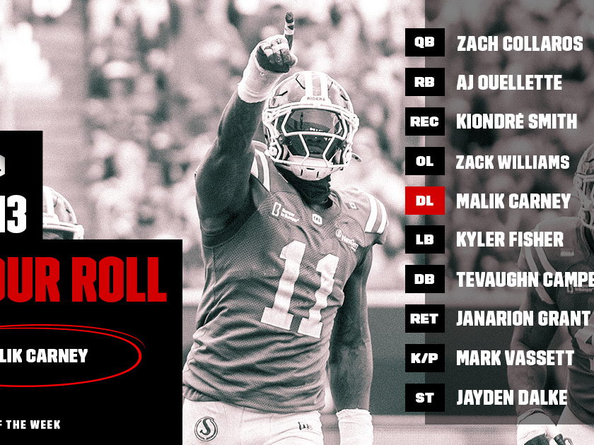 CFL HONOUR ROLL: WEEK 13 – CARNEY EARNS PLAYER OF THE WEEK