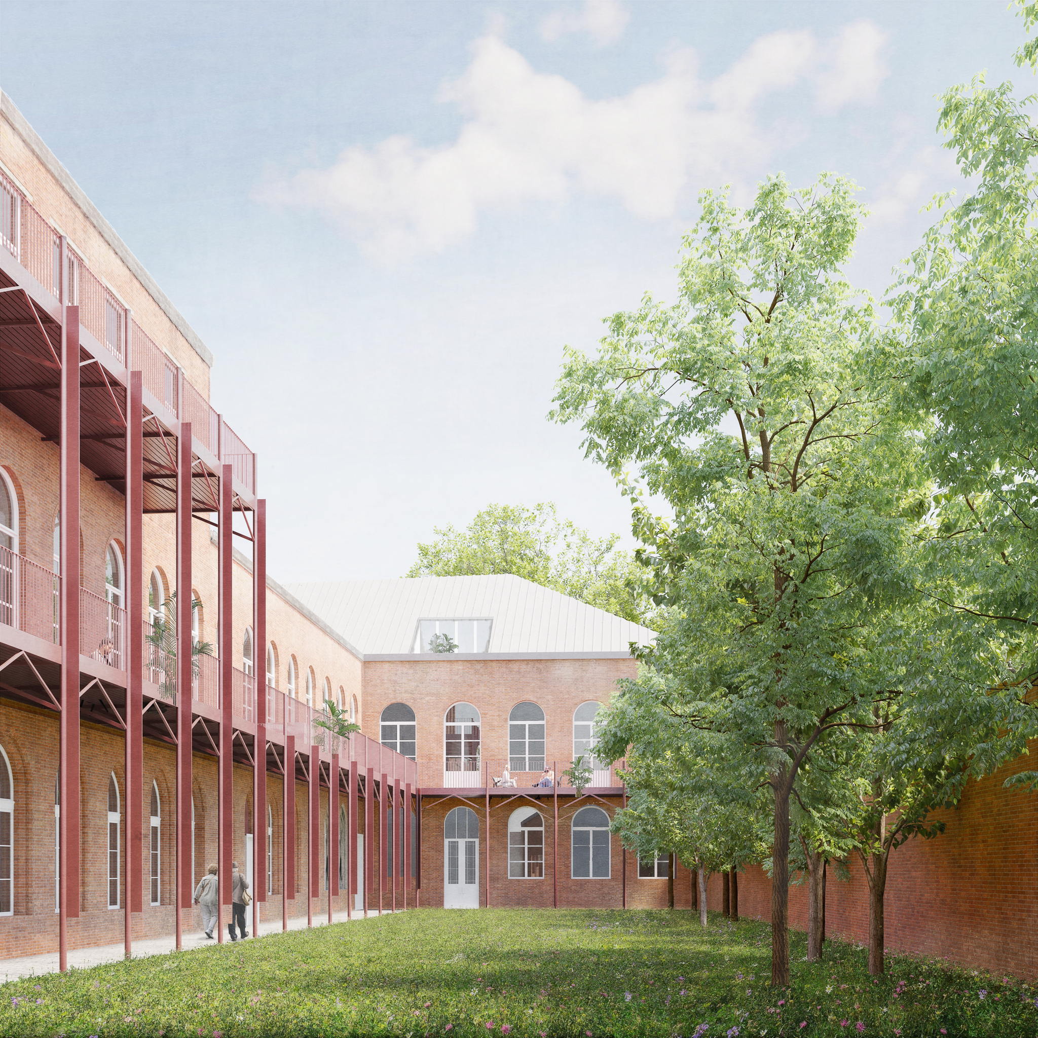 Door het verwijderen van enkele niet-waardevolle gebouwen worden nieuwe groenzones gecreëerd zoals de kloostertuin (copyright VDD Project Development & David Chipperfield Architects) Door het verwijderen van enkele niet-waardevolle gebouwen worden nieuwe groenzones gecreëerd zoals de kloostertuin (copyright VDD Project Development & David Chipperfield Architects)