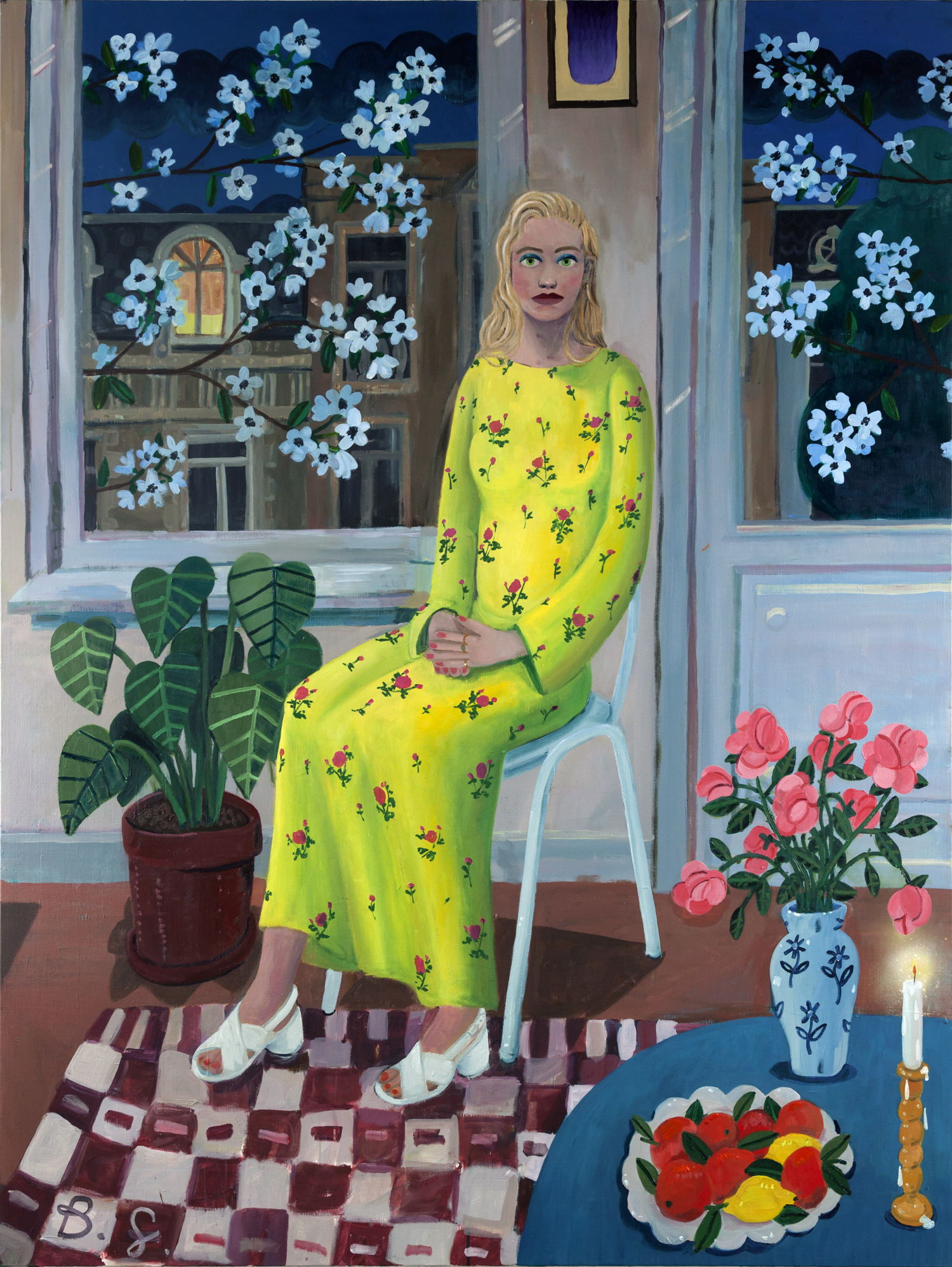 BEN SLEDSENS, Girl in the Yellow Flower Dress, 2018. Oil, acrylic and spraypaint on canvas, 200 x 150 cm. Courtesy Tim Van Laere Gallery, Antwerp

