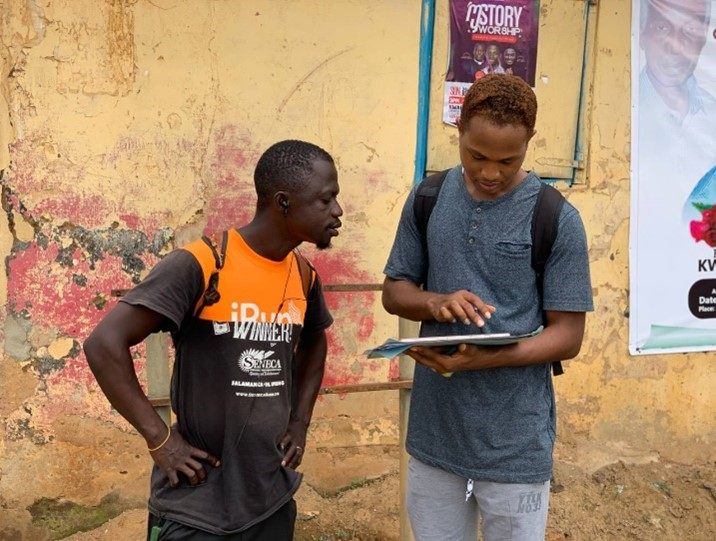 From left to right: A surveyor from environmental CERSGIS during an interview with a miner in Ghana. Photo. CERSGIS. Photo. CERSGIS