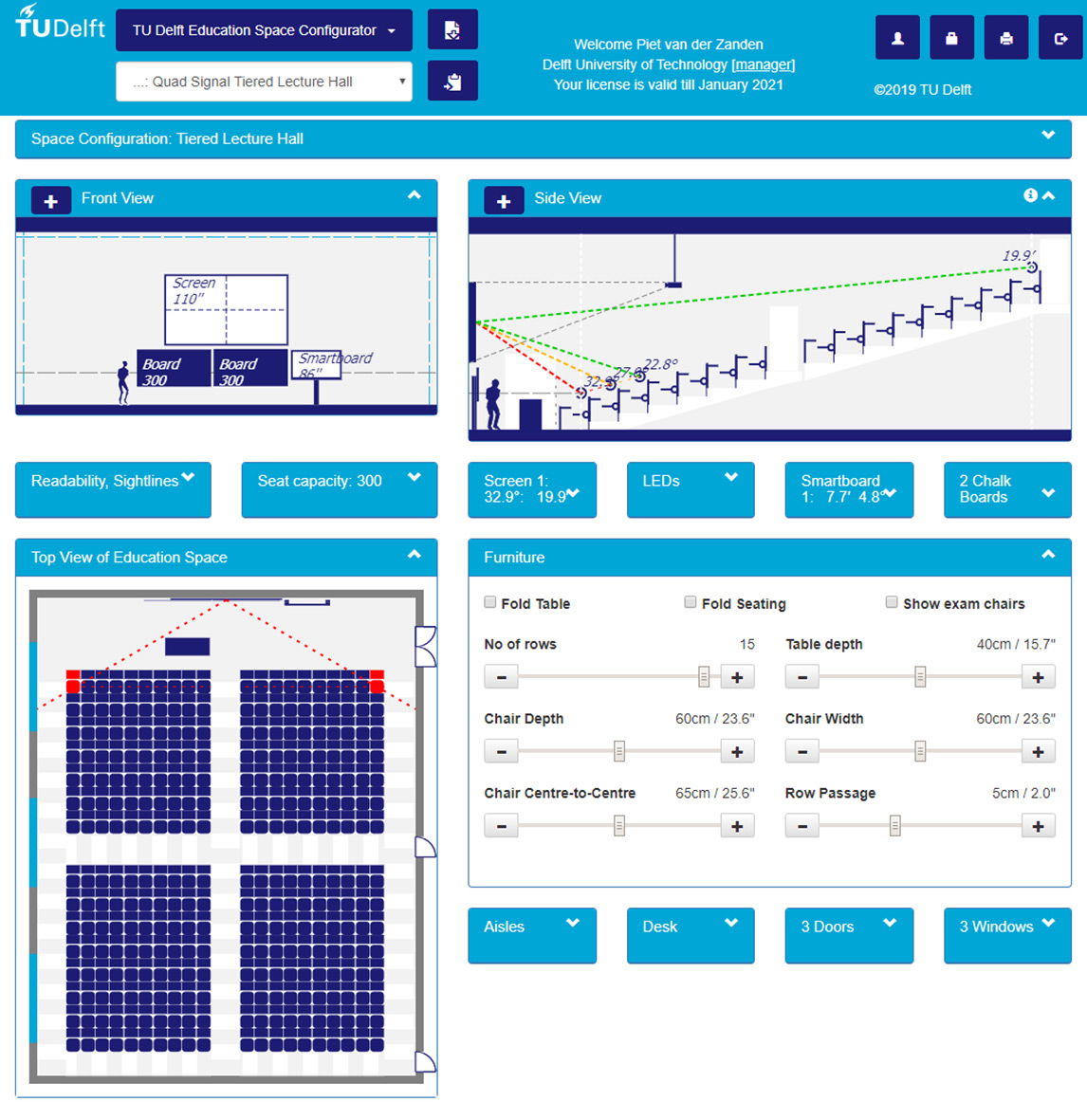 The trial version of the Interactive Education Spaces Configurator (TUDESC) developed by TU Delft. Screenshot by Piet van der Zanden