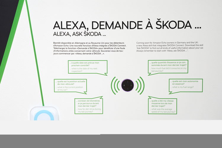 ŠKODA AUTO is expanding ŠKODA Connect to feature Amazon’s ‘Alexa’. The intelligent voice system will allow users to gain access to vehicle information from home. Animation videos and a display with ‘Alexa’ commands are shown at the ŠKODA AUTO stand in Geneva.