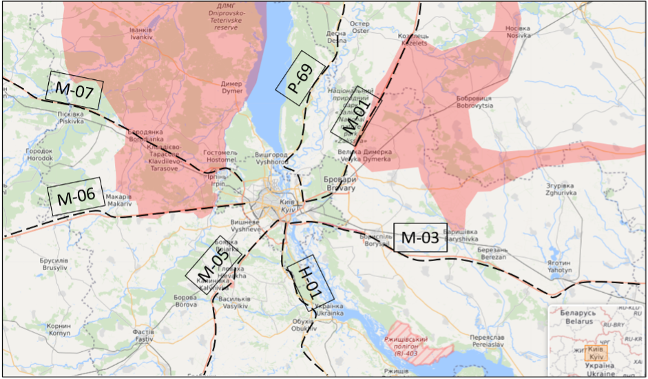 Figure 1: Imagery highlighting main routes in/out of Kyiv city. Red areas were previously under RFAF control.