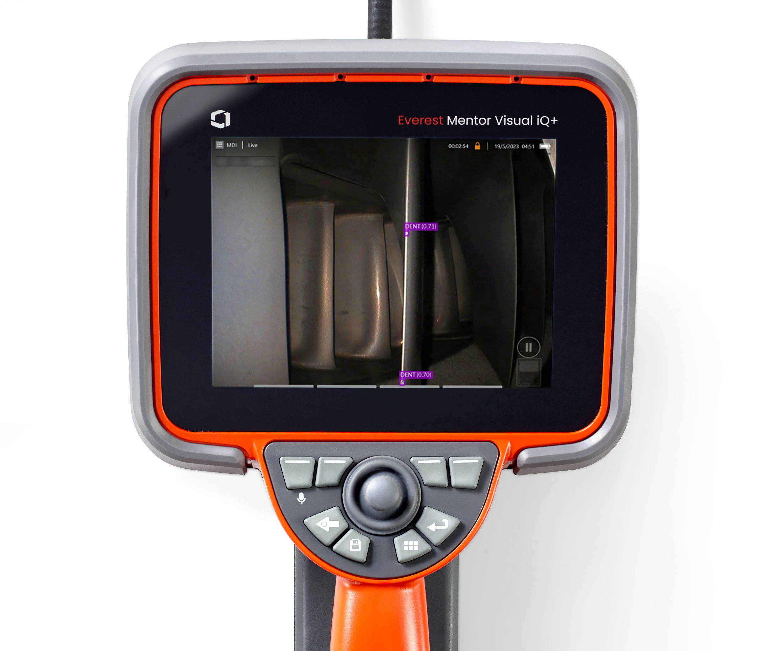 Mentor Visual iQ+ video borescope with Gas Power-assist 5.0 analytic showing dent indications on the leading edge of a high-pressure compressor blade