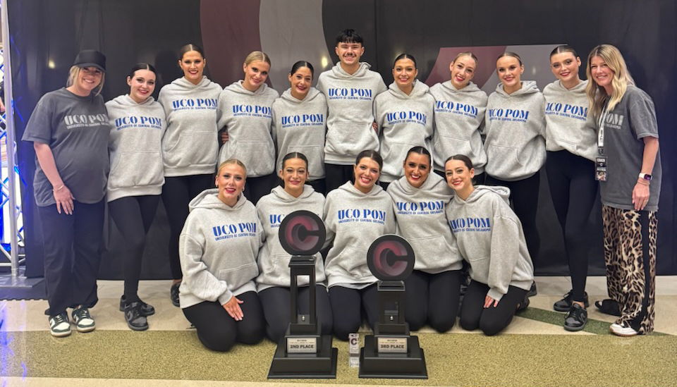 The UCO pom team smiling for a photo with their trophies at the College Classic national competition. The UCO pom team smiling for a photo with their trophies at the College Classic national competition.
