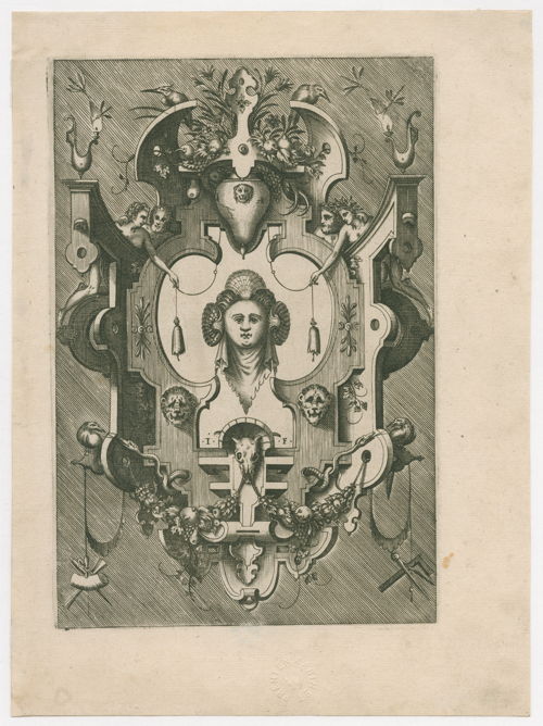 Pieter van der Heyden (prentmaker), Floris, Jacob (I) (ontwerper), Hieronymus Cock; Cartouche met het hoofd van een vrouw die drie schelpen in haar haar draagt, 1567, Museum Plantin-Moretus