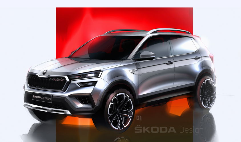The new ŠKODA KUSHAQ features a powerful front end with two-piece headlights, a wide ŠKODA grille and an impressive front bumper.