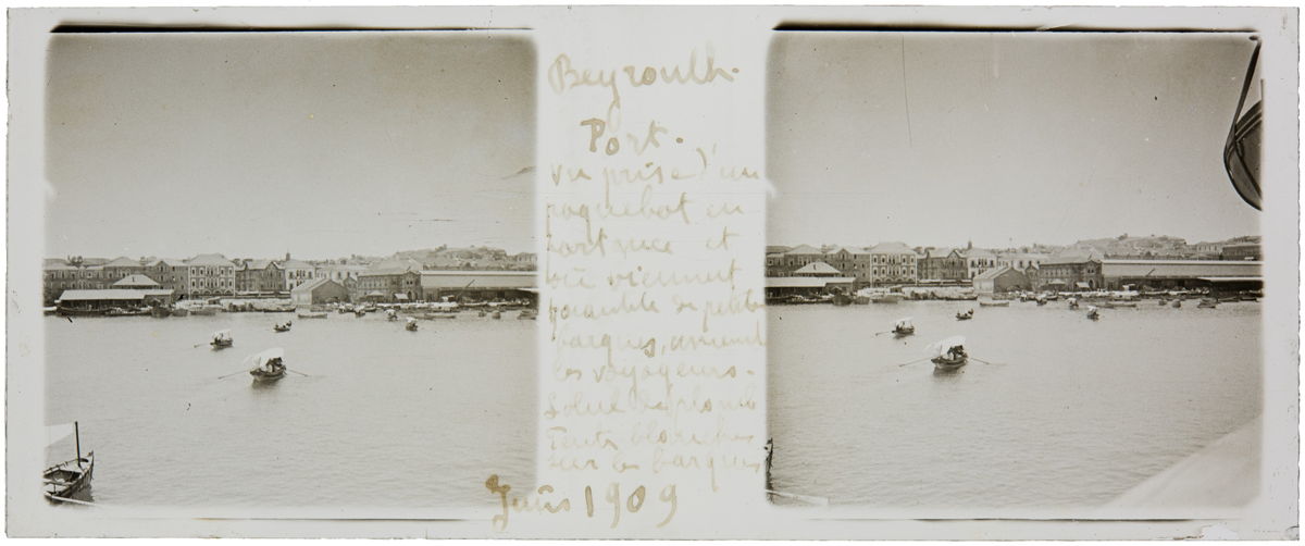 Beirut port view from the sea, Eugène Cottard, June 1909, Stereoscopic view on glass plate. Eugène Cottard Collection, courtesy of the Arab Image Foundation, Beirut