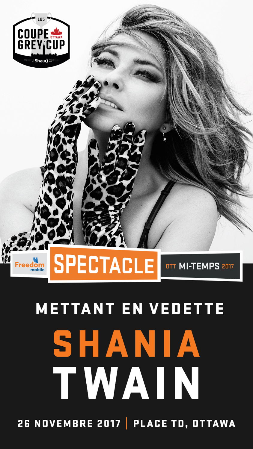 Shania Twain, l'artiste du spectacle de la mi-temps de la Coupe Grey Freedom Mobile