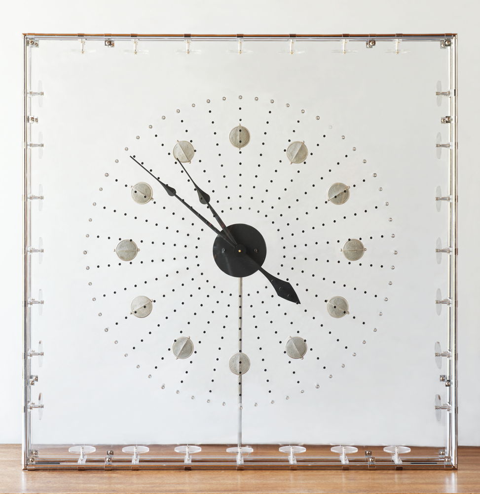 Gerald Luss; Untitled; 2020; acrylic, steel tubular frame, concrete and chrome plated steel hour markers and steel threaded set screws; photo by Michael Biondo