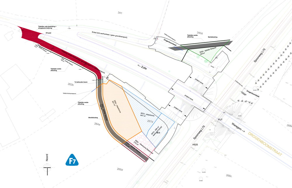 Plattegrond werfzone met bouwplaats tunnelelementen en omleiding fietsers F7