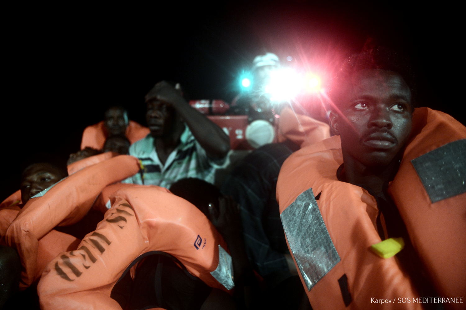 With no port to disembark to, people rescued at sea are stranded on-board Aquarius, June 2018. Copyright: Kenny Karpov/SOS MEDITERRANEE