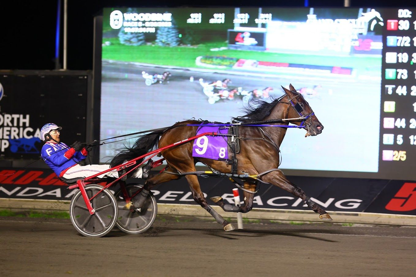 Funtime Bayama and driver Sylvain Fillion winning the second division of the Nassagaweya on August 26, 2023 at Woodbine Mohawk Park (New Image Media)