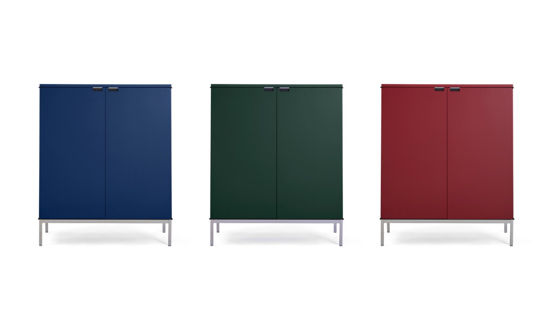 Florence Knoll High Credenza pictured in Iris Lacquer, Dark Python Lacquer, and Dark Red Lacquer. Image courtesy of Knoll. Florence Knoll High Credenza pictured in Iris Lacquer, Dark Python Lacquer, and Dark Red Lacquer. Image courtesy of Knoll.