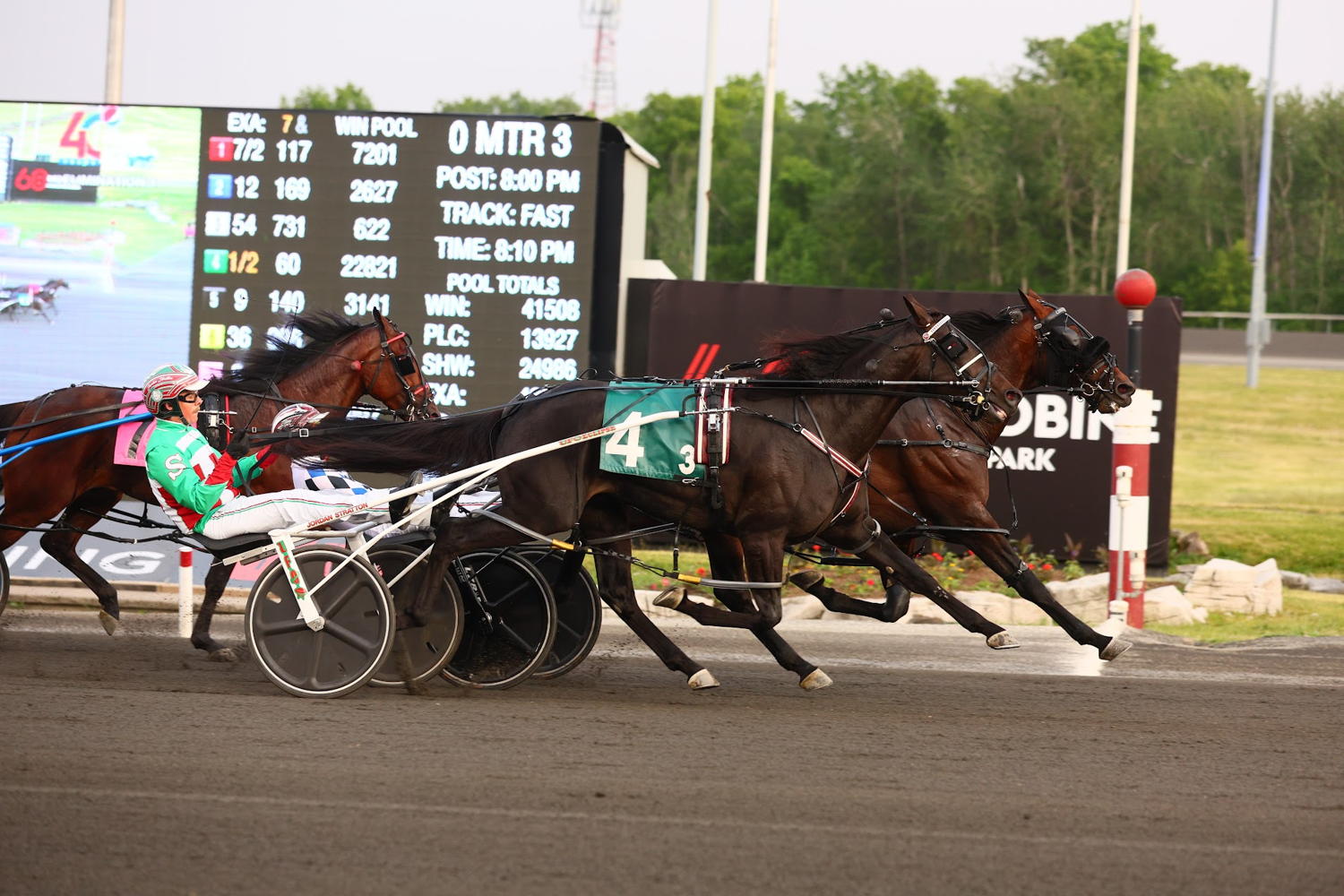 Christchurch and driver Dexter Dunn winning the first Pepsi North America Cup Elimination on June 10, 2023 at Woodbine Mohawk Park (New Image Media)