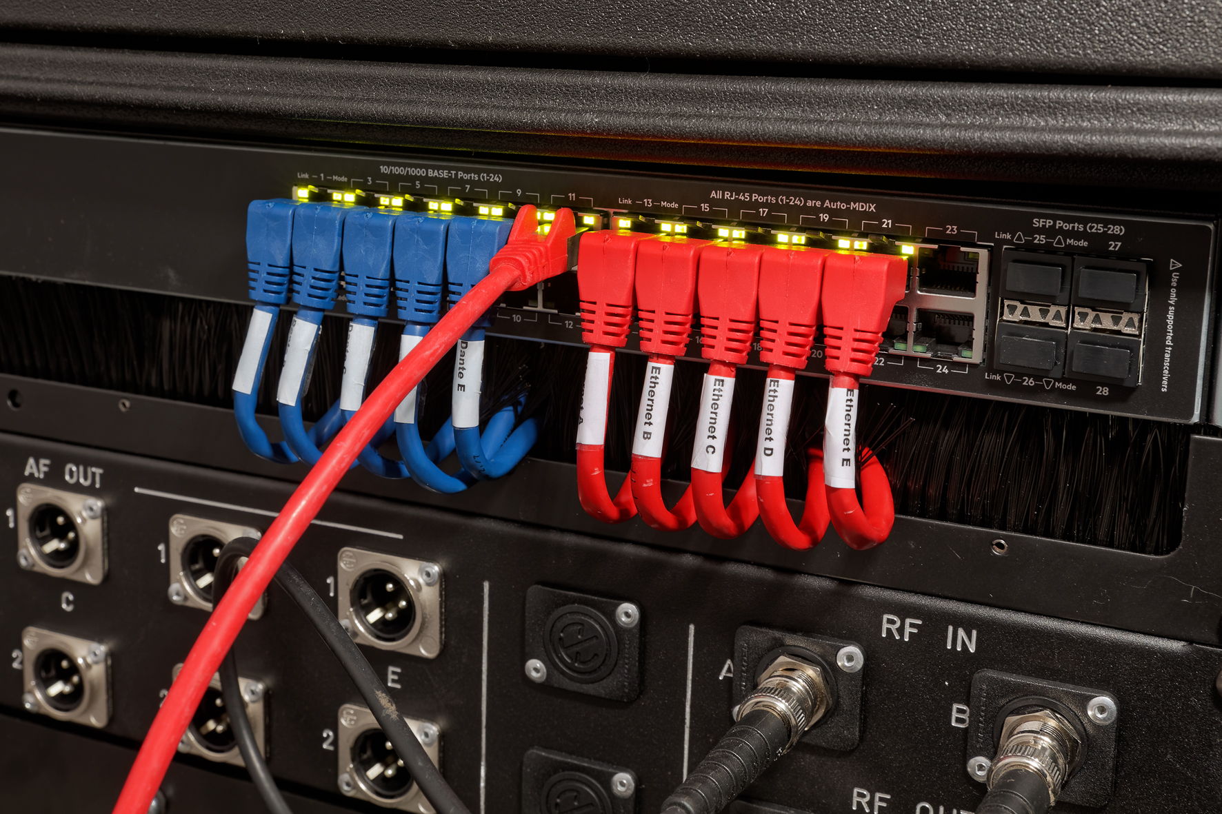 A further equipment feature of the transport case is an Aruba network switch that carries the Dante signals from the receiver and which can itself make a corresponding signal available to an RJ45 output for connection to the network