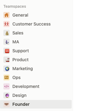 Side bar of our Notion with all Teamspaces in it Side bar of our Notion with all Teamspaces in it