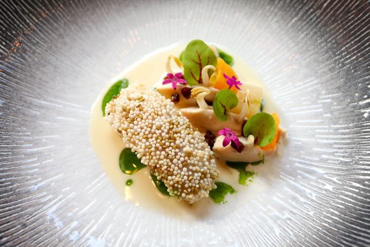 Sour Seabass: rauwe zeebaars met citroensaus, basilicumolie en bloemkoolpuree.