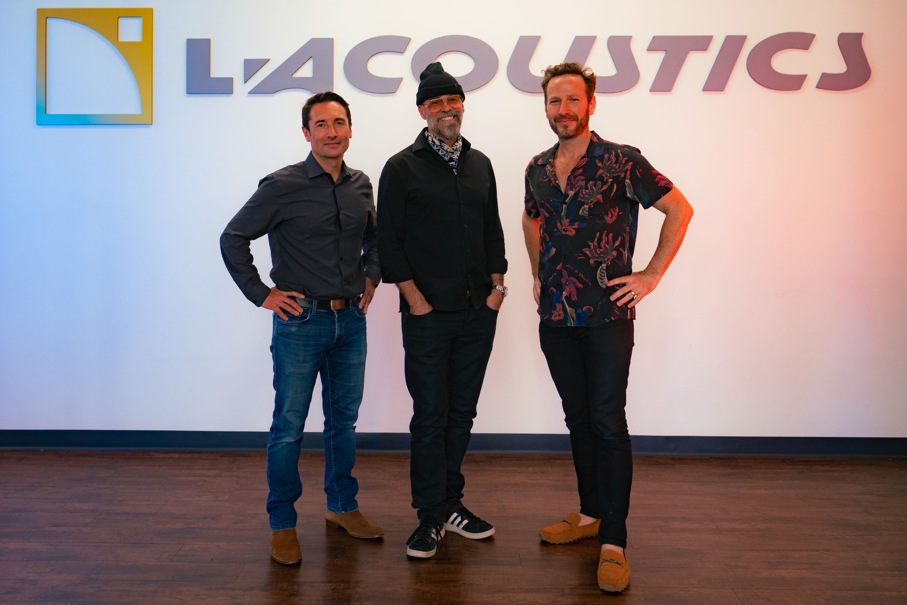 Dennis White (Latroit), flanked by L-Acoustics CEO Laurent Vaissié (L) and music impresario and radio personality Jason Bentley (R) - (Photo credit: ZB Images)