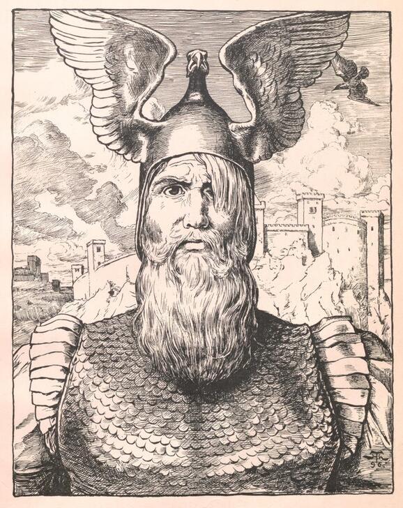 Hans Thoma, "Odin" (Wotan), Projet de costumes pour l'Anneau du Nibelung de Richard Wagner. Gravure, 1897 © akg-images