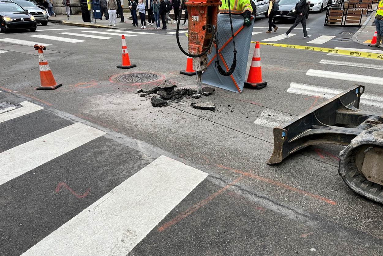 Crews recently saw-cut the roadway in preparation for underground electrical conduit