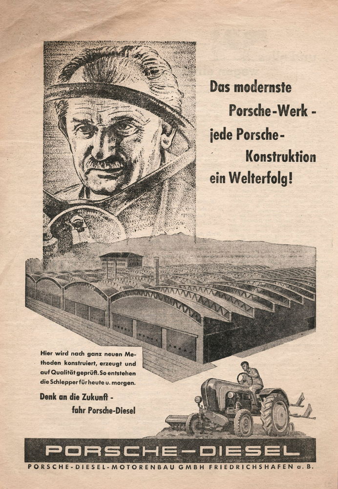 1956. El primero de enero de 1956 fue fundada Porsche-Diesel-Motorenbau GmbH Friedrichshafen a.B. En el cuarto trimestre reinicia la roducción de tractores y motores estacionarios