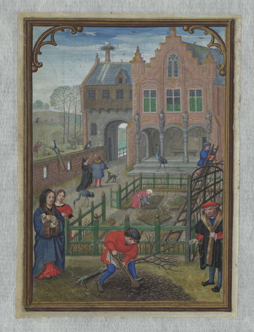 Maart, Simon Bening, in het Hennessy-getijdenboek, Brugge, ca. 1530, Koninklijke Bibliotheek van België, Handschriftenkabinet, II 158, fol.3v.