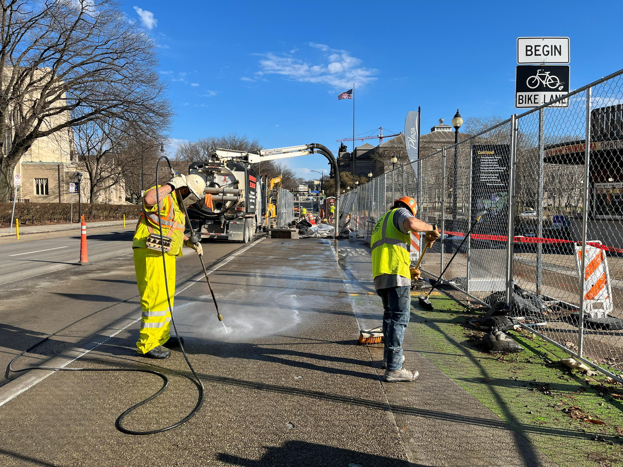 Crews recently used a power washer to expose new aggregate concrete at Schenley Plaza Crews recently used a power washer to expose new aggregate concrete at Schenley Plaza