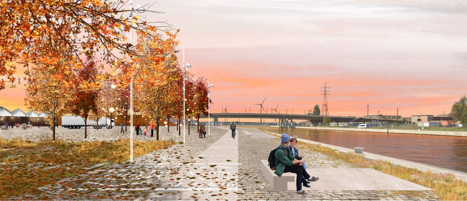 Toekomstbeeld Kade Bredastraat, Ringpark Lobroekdok, op basis van het voorontwerp. Hierna wordt nog een definitief ontwerp uitgewerkt. © Ontwerpteam Ringpark Lobroekdok Studio Paola Viganò - MAARCH - Sweco Belgium