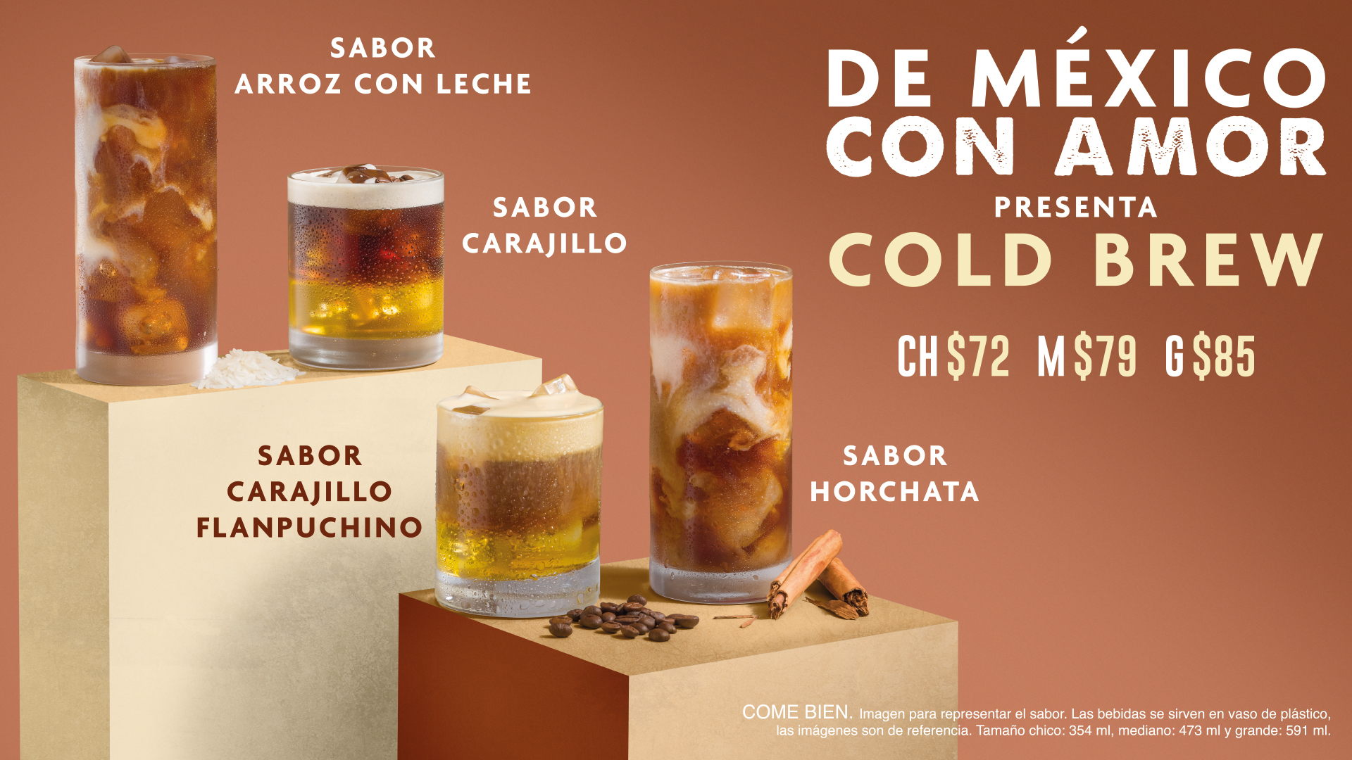 Combinaciones originales de Cold Brew (Horchata, Arroz con leche, Carajillo Flanpuchino y Carajillo)