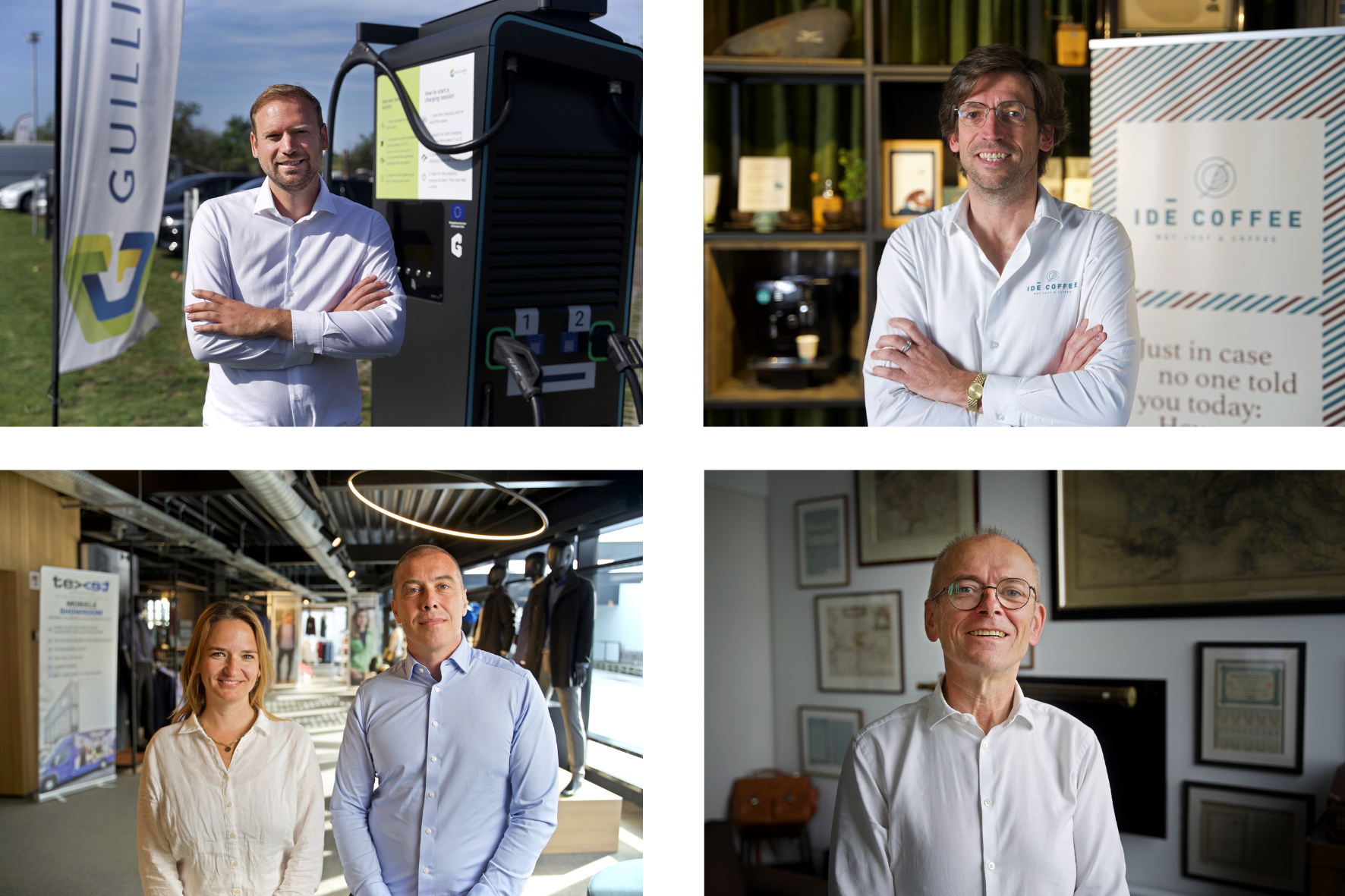 Rohald Guilliams van Guilliams Group, Geert Windels van Ide Coffee, Kim Vandeneende en Tom Van Heffen van Texet en Rik Liekens van Architeam. Rohald Guilliams van Guilliams Group, Geert Windels van Ide Coffee, Kim Vandeneende en Tom Van Heffen van Texet en Rik Liekens van Architeam.