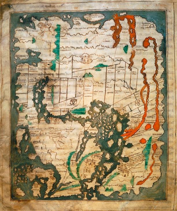 AKG259531 “Mappa Mundi” (Anglo-Saxon World Map; oldest known map in Britain).  Engl. manuscript illumination, 1025–1050. © akg-images / British Library