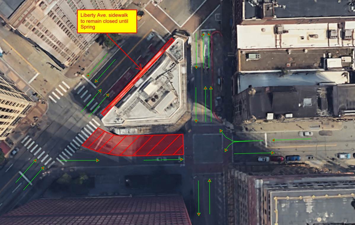 Ariel view of traffic impacts at Sixth Avenue and Wood Street