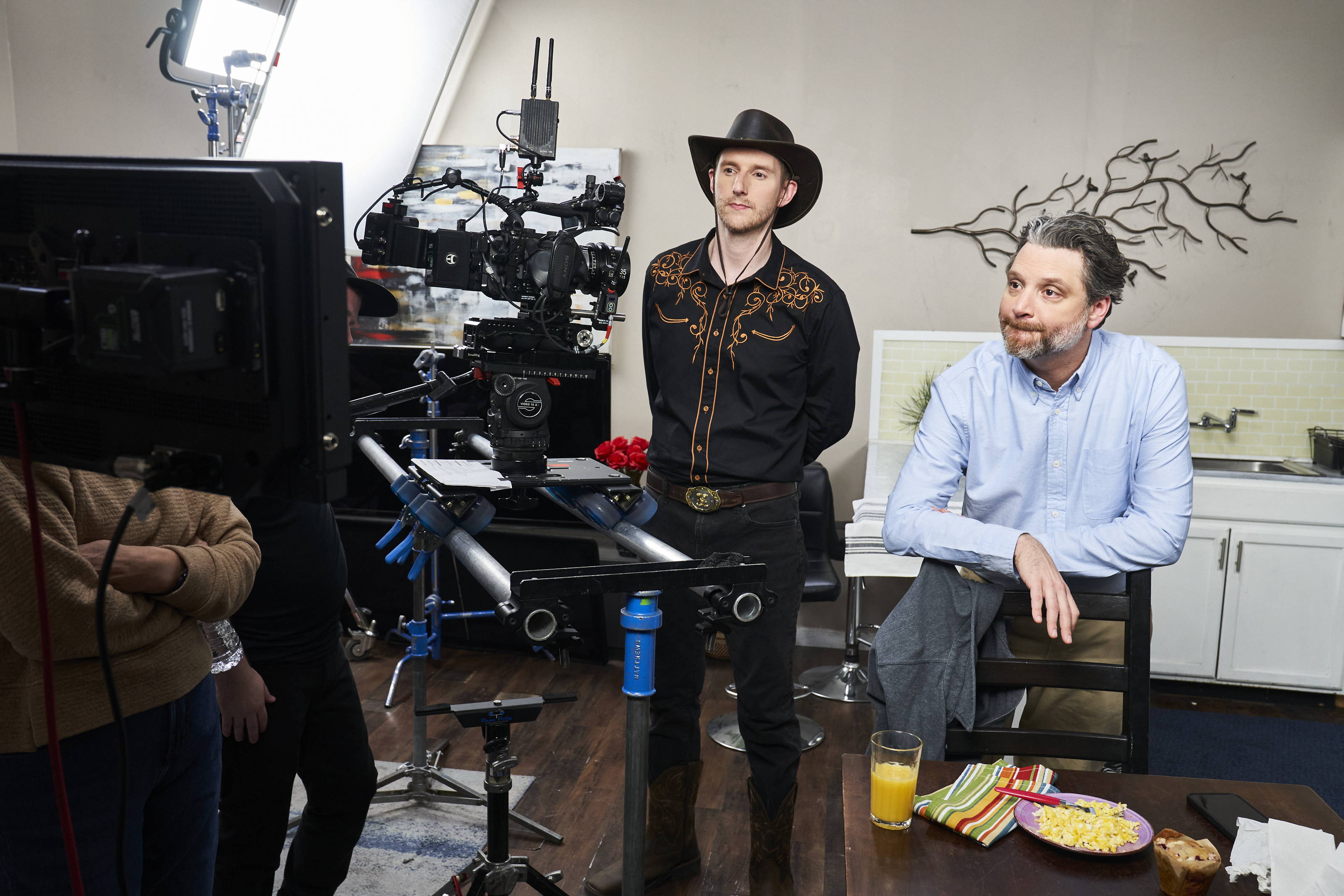 (L to R) Jeremiah Watkins and Avery Pearson on set of "Forget the Fork." (Photo credit Matt Misisco) (L to R) Jeremiah Watkins and Avery Pearson on set of "Forget the Fork." (Photo credit Matt Misisco)