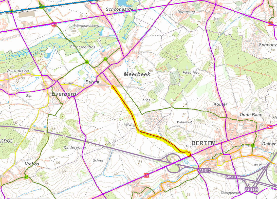 Kaart met de locatie van het nieuwe fietspad tussen Bertem en Meerbeek.