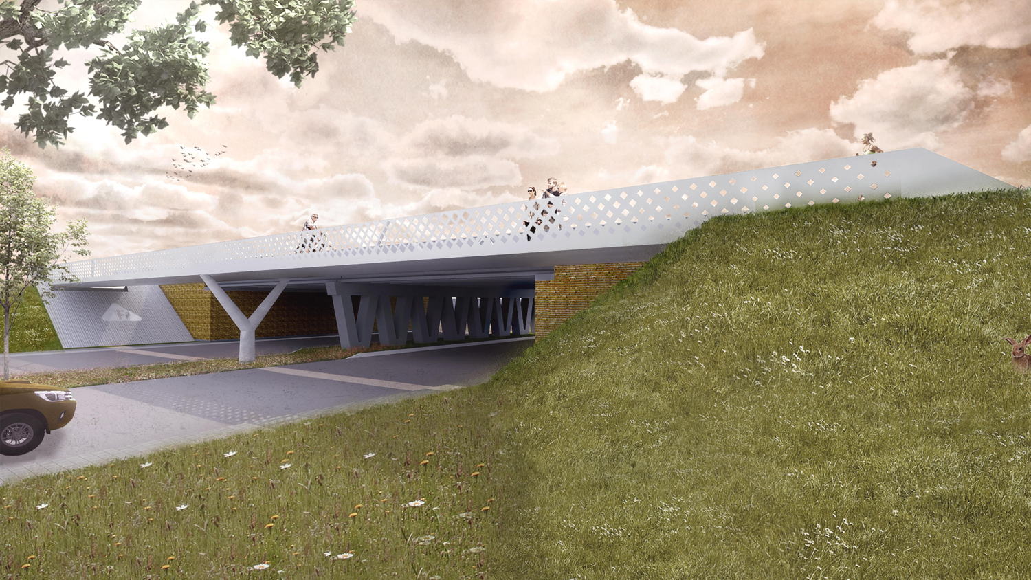 Zicht op de nieuwe fietsbrug F7 vanaf de Volhardingslaan N35 - ontwerp en beeld door SBE