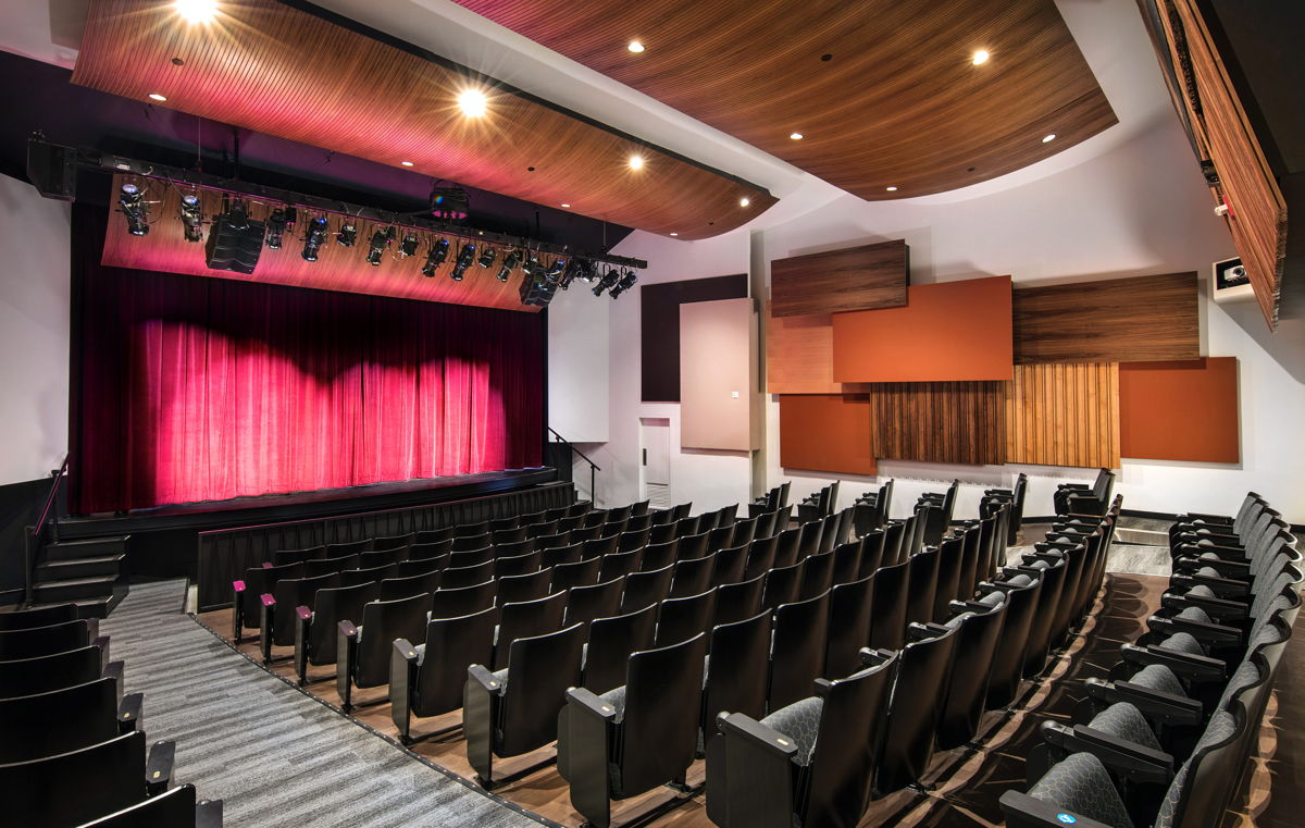Lani Hall from rear of auditorium.  Note custom acoustic wall panels and ceiling treatments