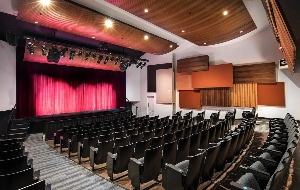 Lani Hall from rear of auditorium.  Note custom acoustic wall panels and ceiling treatments