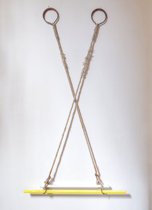 'Hang out on the Swings, they Glow at Night' (rope, metal, plexiglass, pigment, 180x100cm, 2019)