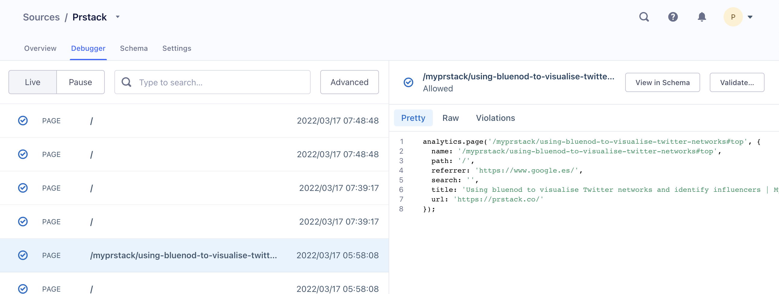 Example Page() calls in Segment debugger