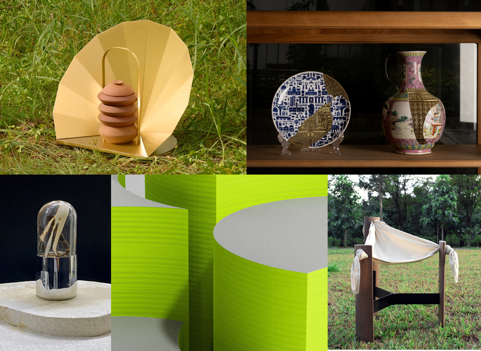Clockwise from left: Matahari by Olivia Lee, Kintsugi 2.0 by Supermama, Knots Stool by Wei Xiang, Modular by Randy Yeo (Practice Theory), and Fungariums in Space by Ng Sze Kiat (Bewilder). Photos courtesy of respective designers. Clockwise from left: Matahari by Olivia Lee, Kintsugi 2.0 by Supermama, Knots Stool by Wei Xiang, Modular by Randy Yeo (Practice Theory), and Fungariums in Space by Ng Sze Kiat (Bewilder). Photos courtesy of respective designers.