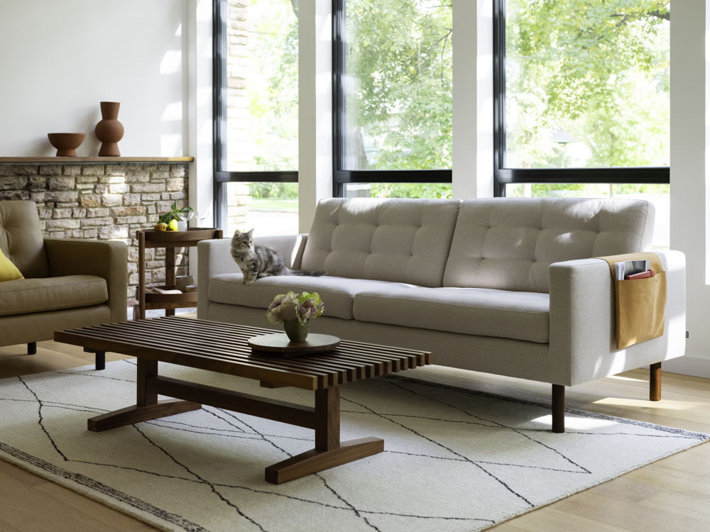 EQ3 - Joan Sofa, Joan Chair, and Plank Coffee Table