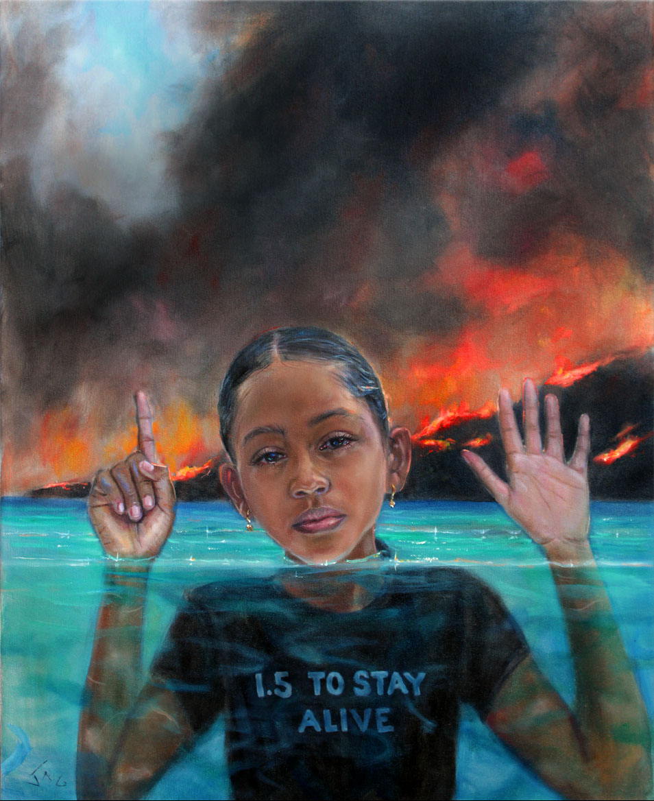 Jonathan Gladding's 2021 “1.5 To Stay Alive” Painting representing earth and humanity in peril.