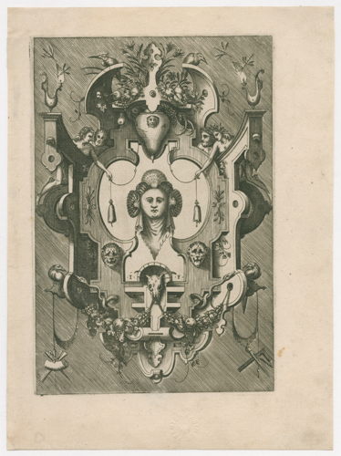 Pieter van der Heyden, Cartouche met het hoofd van een vrouw die drie schelpen in haar haar draagt, 1567