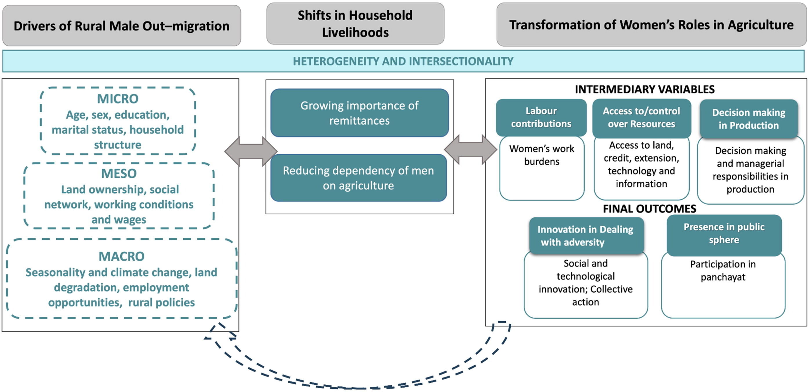 Conceptual framework: male out-migration, household livelihoods, and the transformation of women’s roles in agriculture.