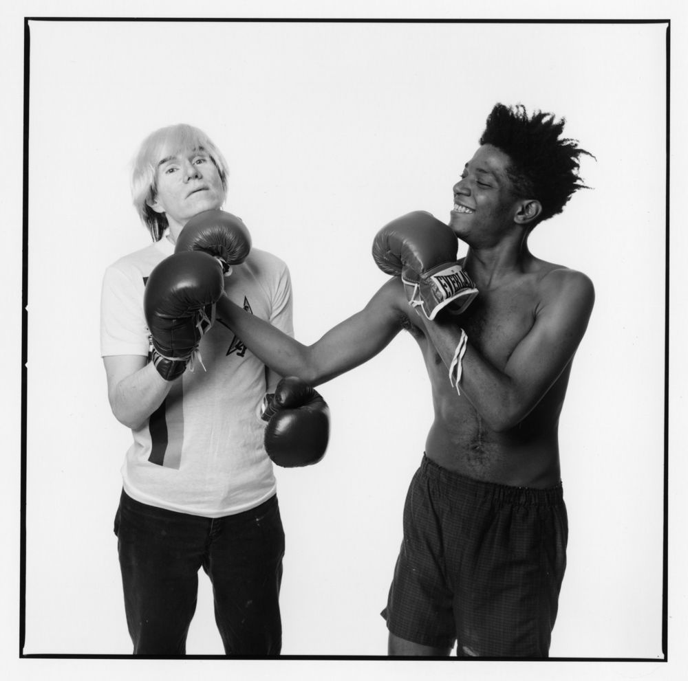 “Andy Warhol & Jean-Michel Basquiat #1 (first roll, first frame of the sitting)” (July 10 1985) by Michael Halsband