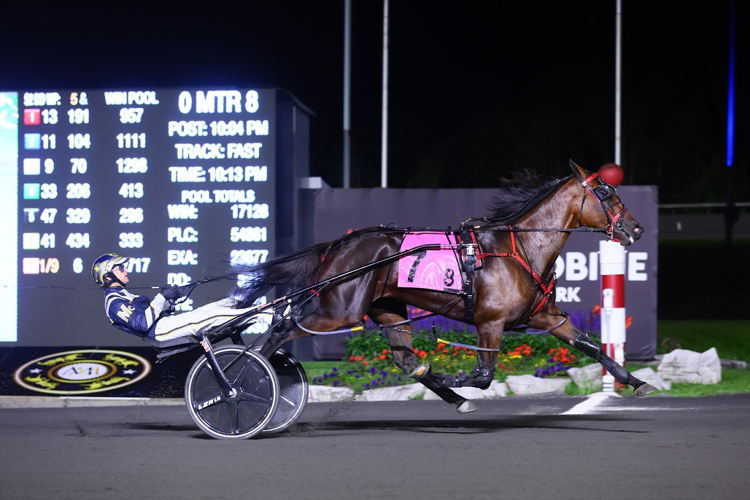 Sylvia Hanover and driver Bob McClure winning the first division of the Simcoe Stakes for three-year-old pacing fillies on September 9, 2023 at Woodbine Mohawk Park (New Image Media)